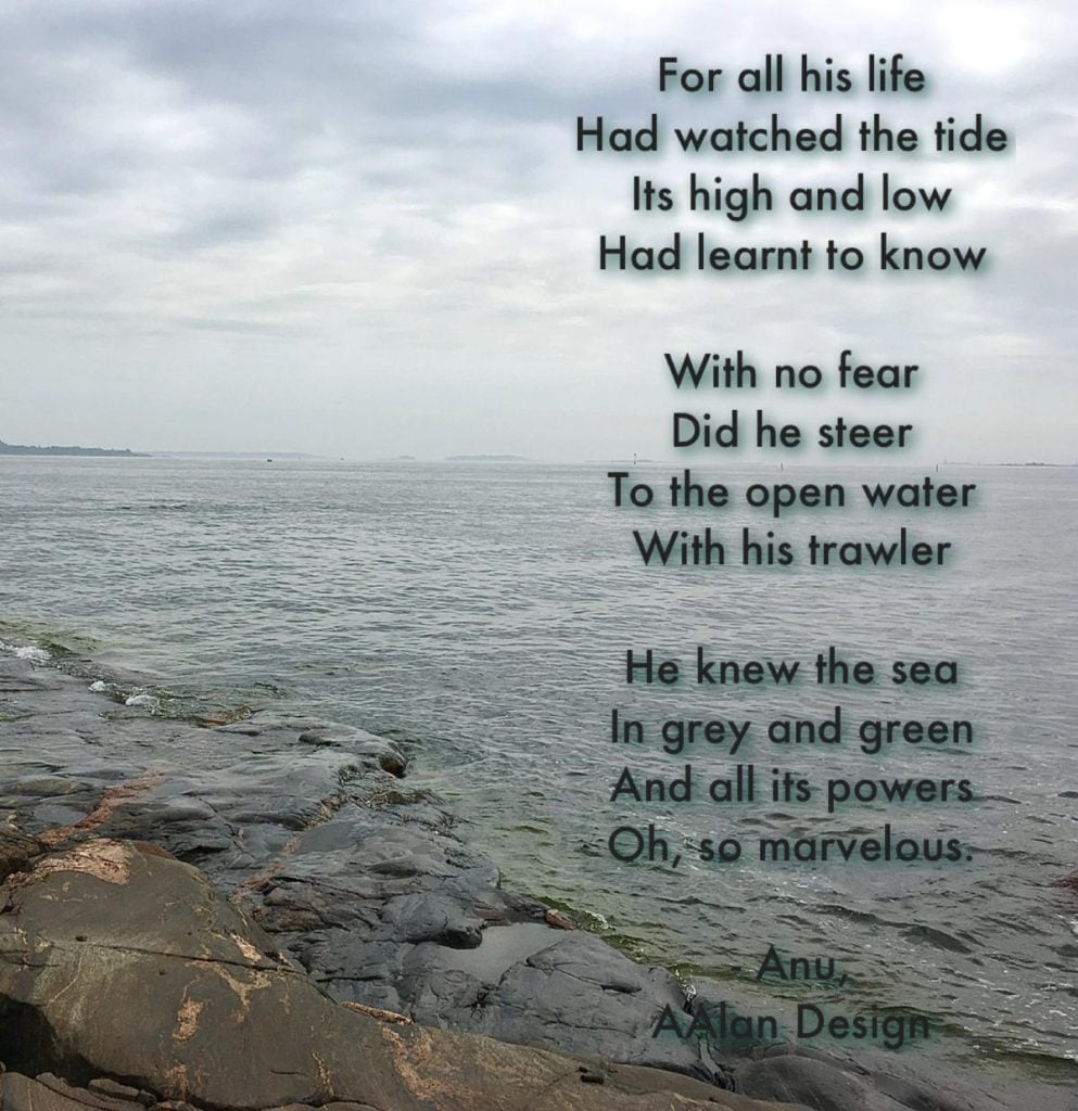 Kuva merestä, kalliosta ja taivaanrannasta sekä englanninkielinen runo merimiehestä.