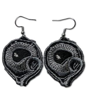 Handcrafted Ikiiurso-earrings from viscose and metallic thread have black eye in the middle surrounded with gray "tentacles".