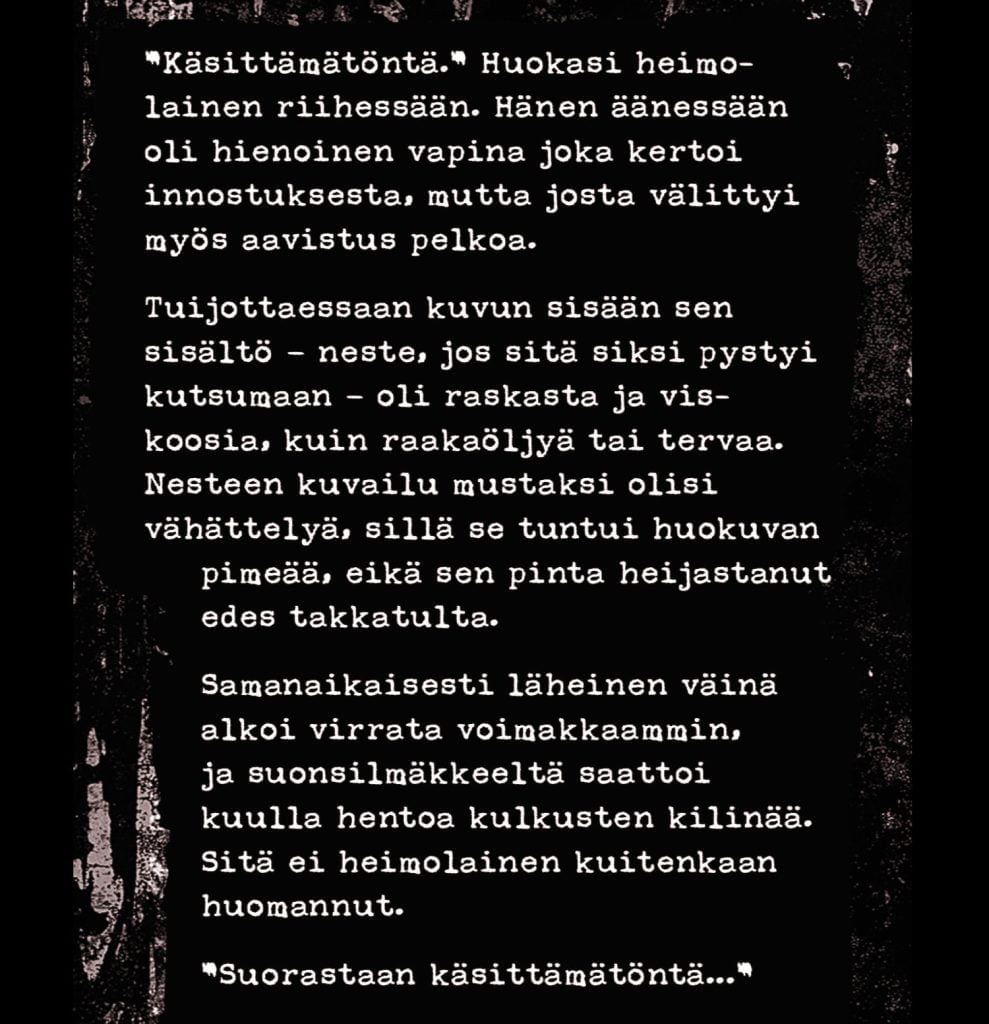 Ikiiurso-teksti Kuva Ikiiurson etikettitekstistä: ”Käsittämätöntä…”