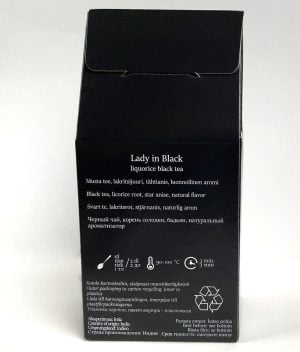 Lady in Black-teepaketin takateksti, jossa mm. ainesosaluettelo ja käyttöohje.