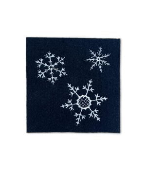 Handcrafted coaster from black felt, with three white embroidered snowflakes.